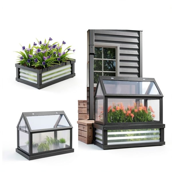Outsunny Raised Garden Bed with Polycarbonate Greenhouse, Wooden Cold Frame Greenhouse, Garden Flower Planter Protection, Peak Roof, 35.5" x 22.5" x 38.25", Gray-2