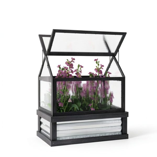 Outsunny Raised Garden Bed with Polycarbonate Greenhouse, Wooden Cold Frame Greenhouse, Garden Flower Planter Protection, Peak Roof, 35.5" x 22.5" x 38.25", Gray-8