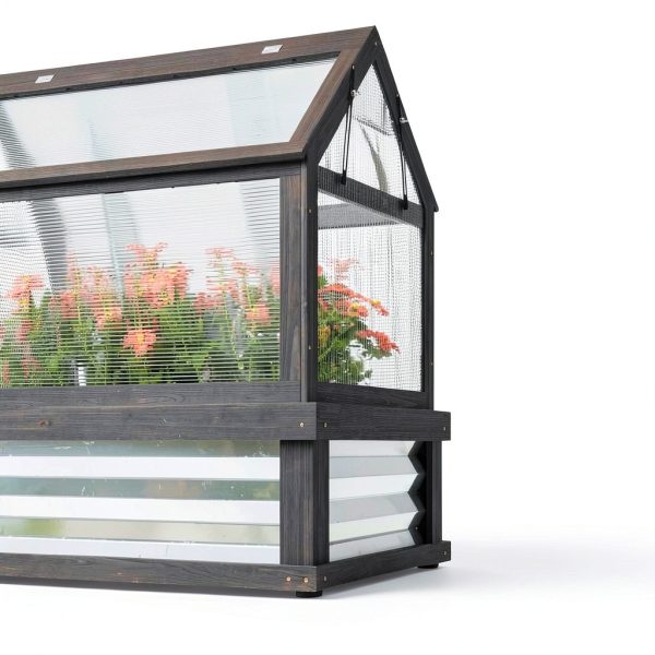 Outsunny Raised Garden Bed with Polycarbonate Greenhouse, Wooden Cold Frame Greenhouse, Garden Flower Planter Protection, Peak Roof, 35.5" x 22.5" x 38.25", Gray-4